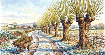 A row of pollarded willow trees in late winter, each with a knobbly trunk topped by a knuckle sending up dozens of slender new shoots