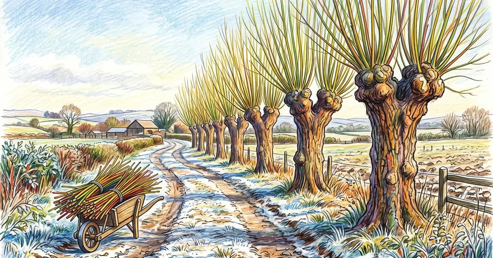 A row of pollarded willow trees in late winter, each with a knobbly trunk topped by a knuckle sending up dozens of slender new shoots
