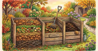 A backyard compost pile in a wooden bin cut open to show layers of coarse brush, dry leaves and green kitchen scraps with a garden fork