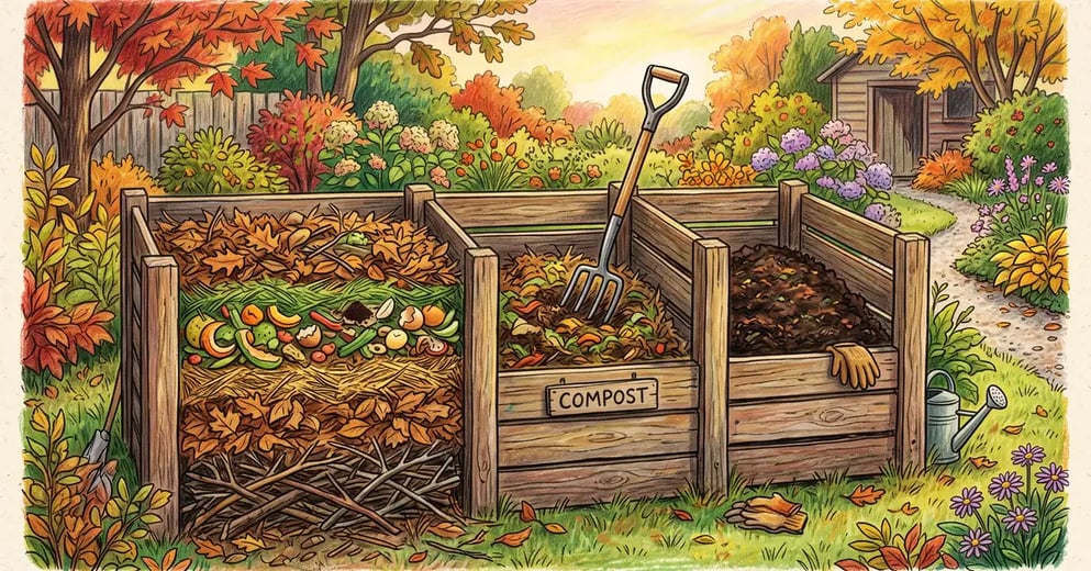 A backyard compost pile in a wooden bin cut open to show layers of coarse brush, dry leaves and green kitchen scraps with a garden fork