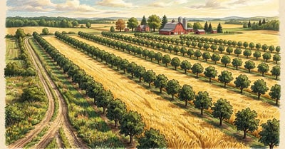 A midwestern farm field in alley cropping, with widely spaced rows of young walnut trees and broad alleys of golden wheat between them
