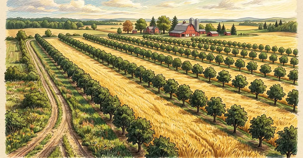 A midwestern farm field in alley cropping, with widely spaced rows of young walnut trees and broad alleys of golden wheat between them