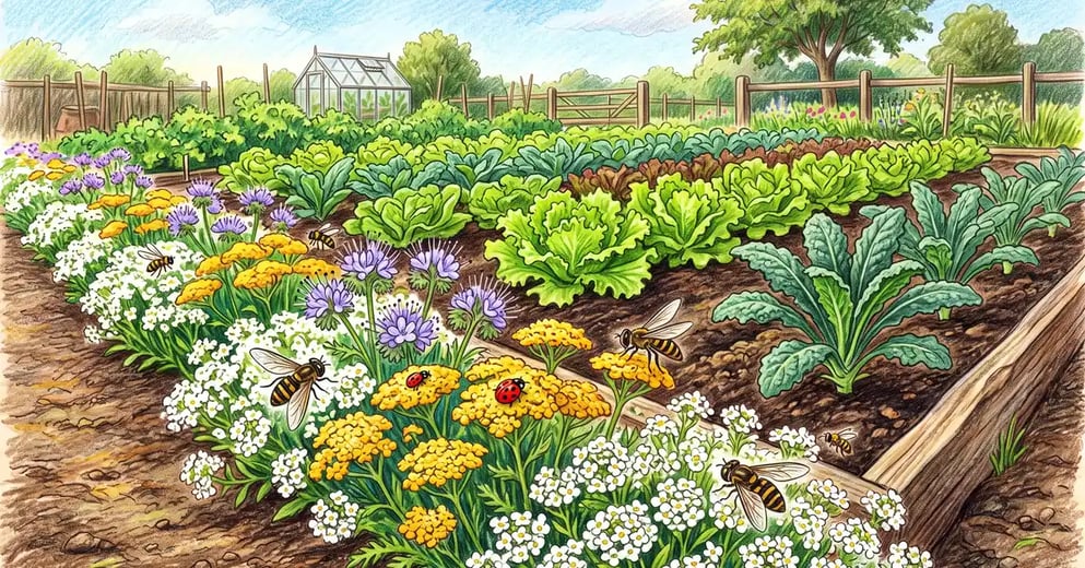 A vegetable garden bed edged with a flowering insectary strip of sweet alyssum, yarrow and phacelia with hoverflies and a ladybug among the blooms
