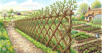 A living willow fence along a garden boundary, freshly planted rods woven into a diagonal lattice and tied at the crossings with new leaves breaking