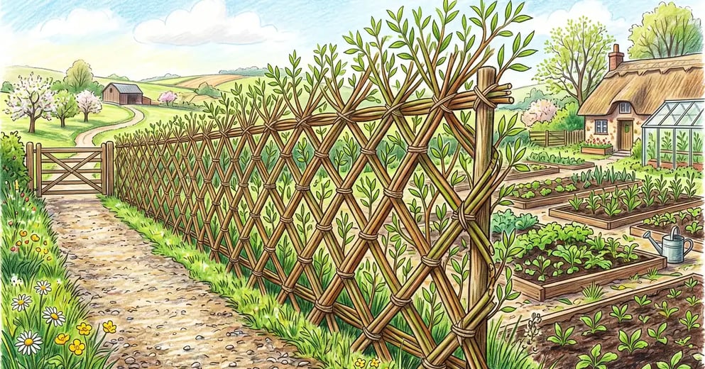 A living willow fence along a garden boundary, freshly planted rods woven into a diagonal lattice and tied at the crossings with new leaves breaking