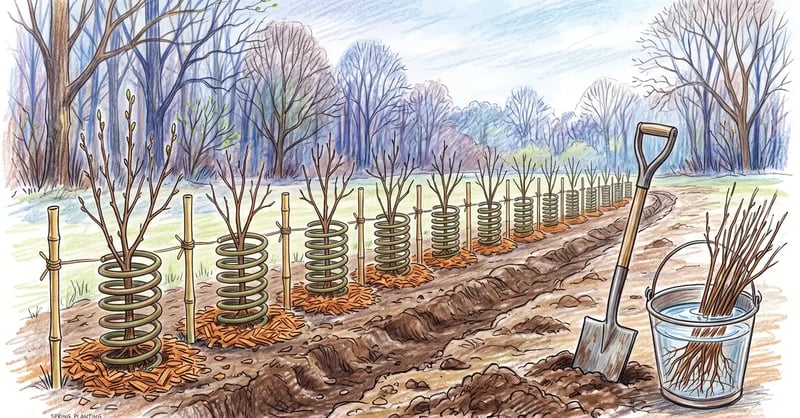 Newly planted hedgerow row of bare-root whips in dark soil with wood chip mulch rings and spiral rabbit guards in early spring