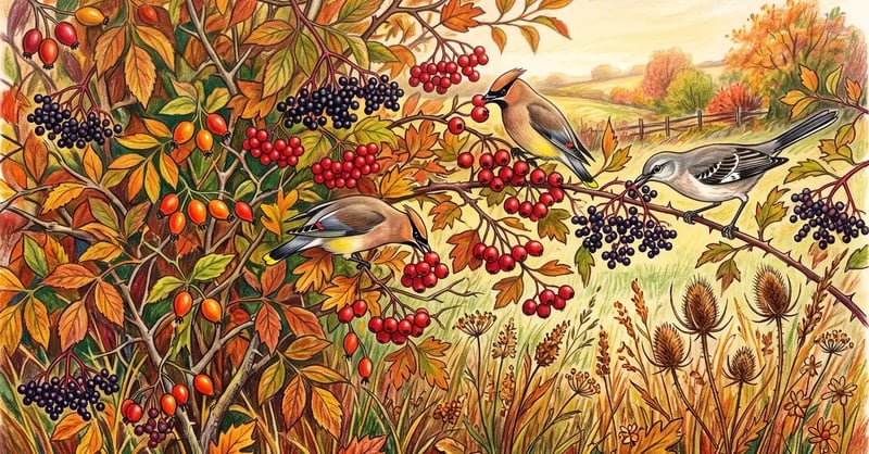 Mature hedgerow in autumn heavy with elderberries, rose hips and viburnum berries with birds feeding among the branches