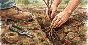 Hands lowering a bare-root shrub whip into a narrow planting slit in dark soil with roots spread