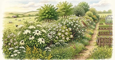 Mixed native hedgerow in late spring along a property boundary with flowering elderberry and serviceberry, bees and a songbird