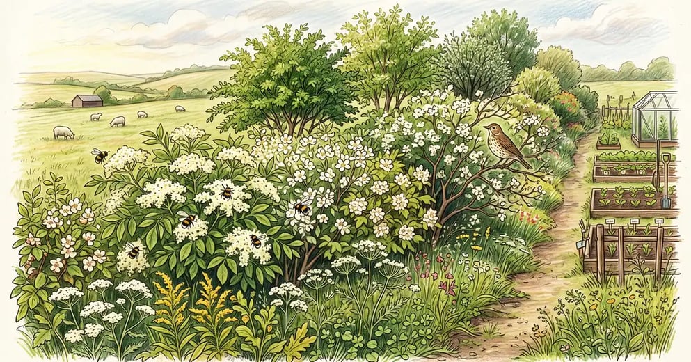 Mixed native hedgerow in late spring along a property boundary with flowering elderberry and serviceberry, bees and a songbird