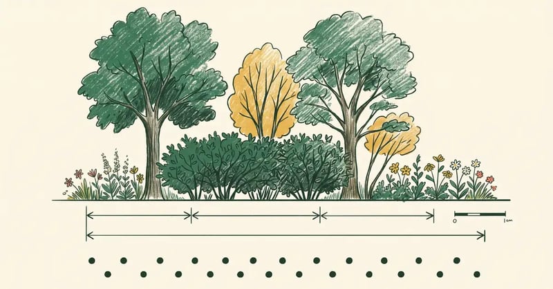Hedgerow structure diagram showing canopy trees, shrub layer and flowering herbaceous edge with plant spacing and width dimensions