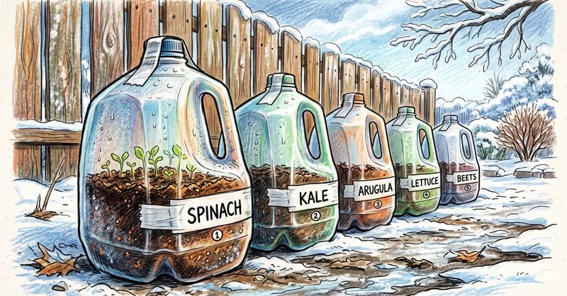 Row of recycled milk jugs used for winter sowing seeds outdoors on snowy ground against a fence, each labelled