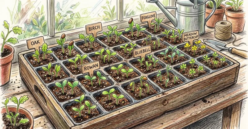 Tray of freshly germinated tree and wildflower seedlings in module cells with seed coats still attached and wooden labels