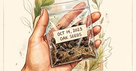Hand holding a labelled bag of damp coarse sand with dark tree seeds visible inside, ready for cold stratification