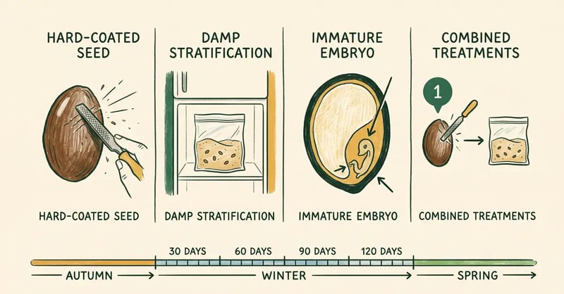 Seed dormancy diagram showing scarification, cold moist stratification, immature embryo and combined dormancy with a 30 to 120 day chilling timeline