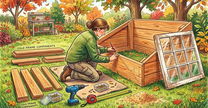 Cedar boards, drill and salvaged window laid out on grass while building a cold frame, with the sloped side panel marked