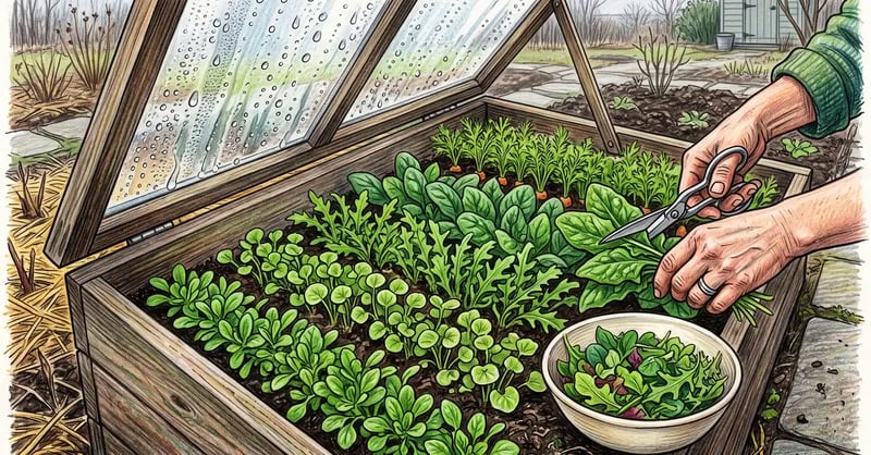 Looking down into an open cold frame in late winter with dense rows of mache, claytonia and spinach being harvested