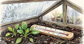 Thermometer on dark soil inside a cold frame beside young spinach leaves with condensation on the glass above