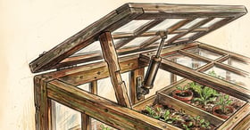 Cold frame lid propped open on a notched wooden stick with an automatic vent opener cylinder fitted alongside