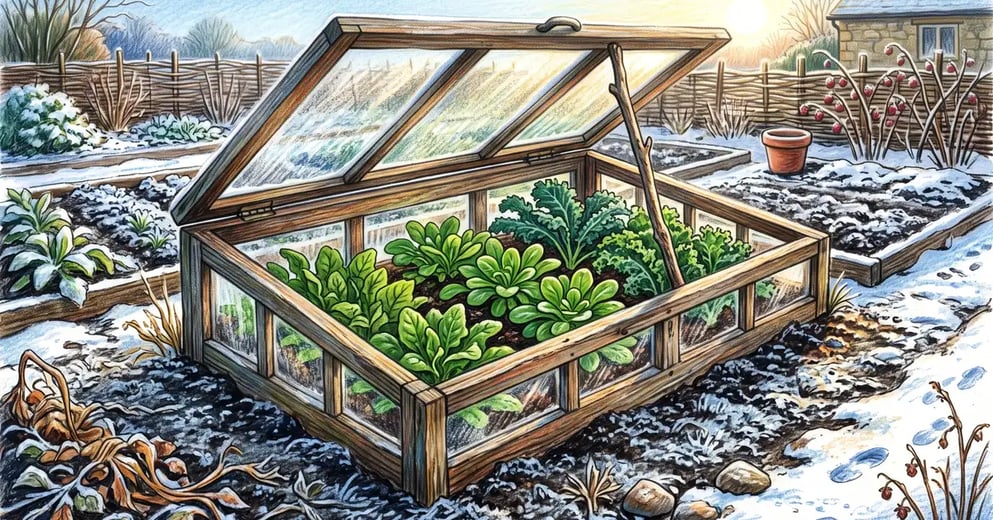 Wooden cold frame in a winter garden with the lid propped open showing spinach, mache and kale growing inside