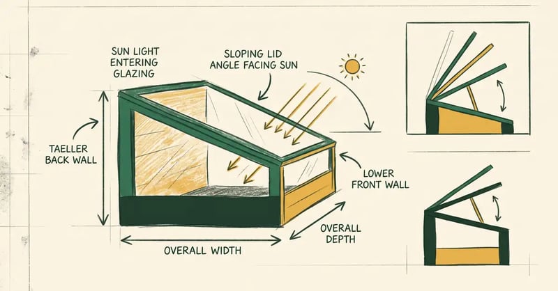 Cold frame cross-section diagram showing higher back wall, lower front wall, sloped lid angle to winter sun and three venting positions
