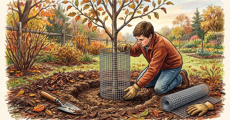 Cylinder of quarter-inch hardware cloth being fitted around a young fruit tree trunk with mulch pulled back from the base