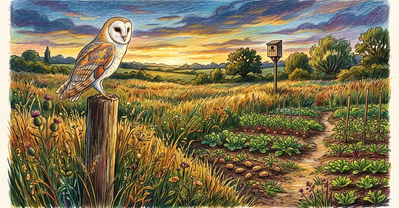 Barn owl on a tall wooden hunting perch beside a rough grassy field edge at dusk with a nest box in the distance