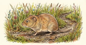 Meadow vole in short grass with stout body, small ears and short tail beside a worn runway through the grass