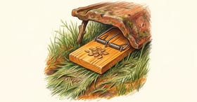 Wooden mouse snap trap set across a flattened grass vole runway, shielded by a propped roof tile with oats as bait
