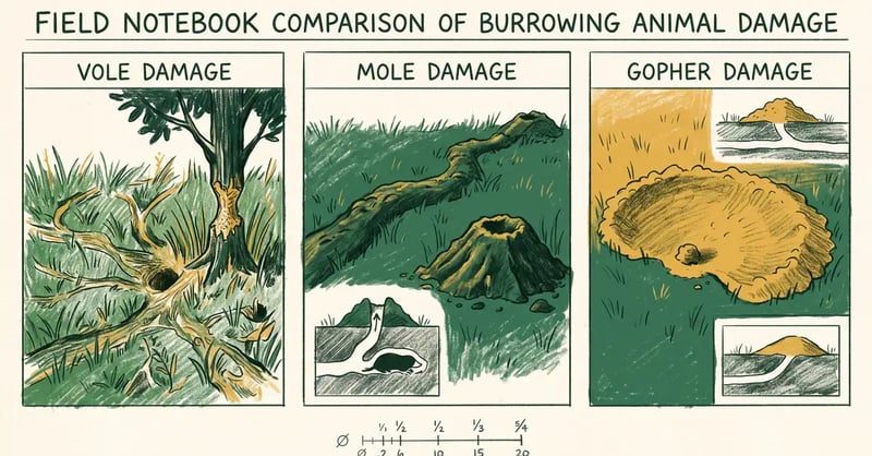 Comparison diagram of vole surface runways and gnawed bark versus mole tunnel ridges and molehills versus gopher soil fans