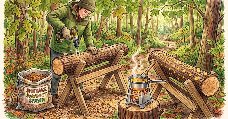 Inoculating shiitake logs with a drill, sawdust spawn and wax dauber on freshly cut oak logs laid across sawhorses