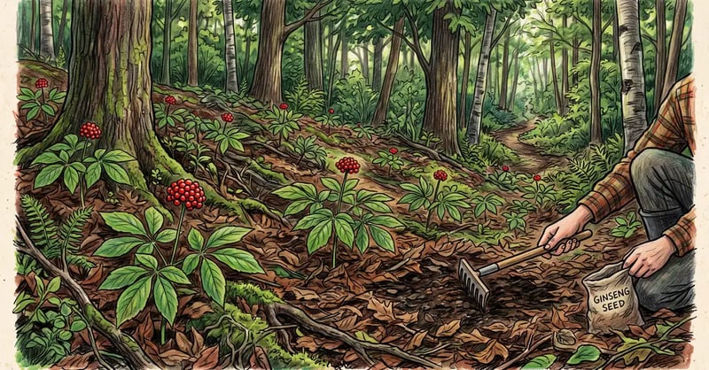 Wild-simulated American ginseng growing in leaf litter on a shaded slope with red berry clusters and a hand raking back leaves