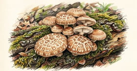 Cluster of shiitake mushrooms fruiting from the bark of a mossy oak log with tan cracked caps