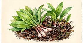 Clump of ramps with broad green leaves and pale bulb bases lifted from dark forest soil beside plants still growing in leaf litter
