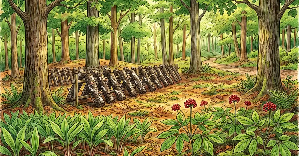 Managed hardwood woodlot with shiitake logs on a rack, a patch of ramps and ginseng plants growing in dappled shade