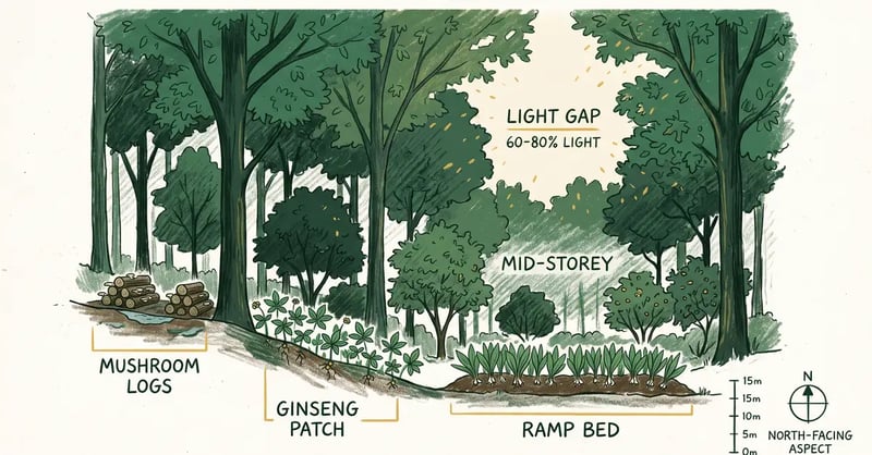 Woodland cross-section diagram for forest farming showing canopy light percentage, mid-storey and floor zones for mushroom logs, ginseng and ramps