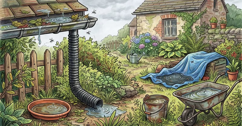 Garden scene showing hidden mosquito breeding sites including plant saucers, clogged gutter, tarp puddle, bucket and wheelbarrow