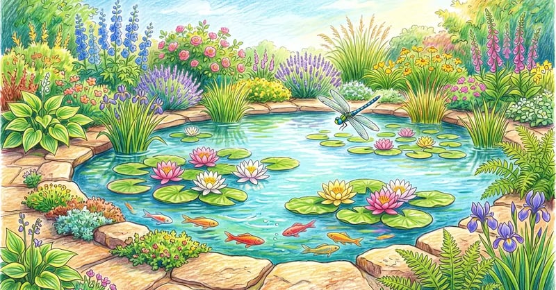 Summer garden pond with open edges, water lilies, small fish near the surface and a dragonfly hovering