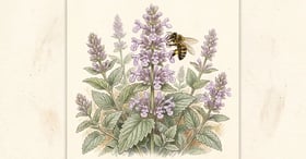 Catnip plant in flower with soft grey-green toothed leaves and pale lilac flower spikes with a bee
