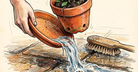 Plant saucer being tipped out to pour away standing water with a scrubbing brush beside it on paving