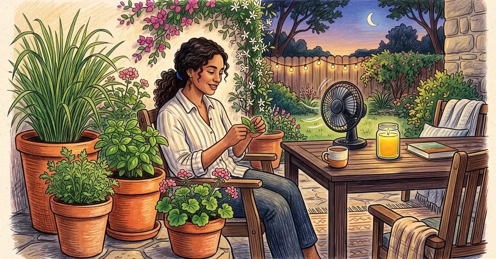 Summer patio with terracotta pots of lemongrass, catnip and basil, a hand crushing a leaf and a small fan on the table