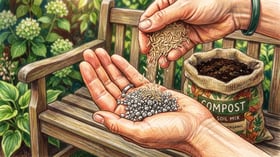 Cupped hands holding coarse grey pumice gravel with pale rice hulls being poured on top as alternatives to perlite in potting mix