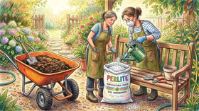Gardener in gloves and dust mask dampening a bag of white perlite with a watering can before mixing potting soil outdoors
