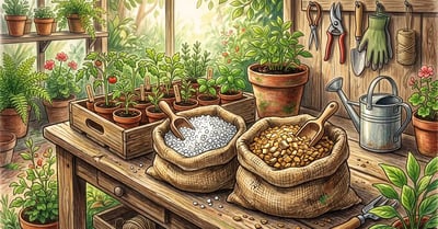 Two open sacks on a potting bench, one of white perlite granules and one of golden vermiculite flakes, beside a tray of seedlings