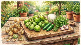 Cutting board with husked tomatillos, jalapenos, white onion, cilantro and garlic ready for salsa verde beside discarded papery husks