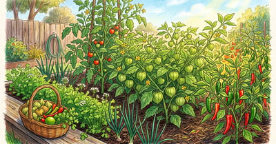 A backyard salsa garden bed with two tomatillo plants in husk, chili peppers, cilantro, onions and a staked tomato in late summer sun