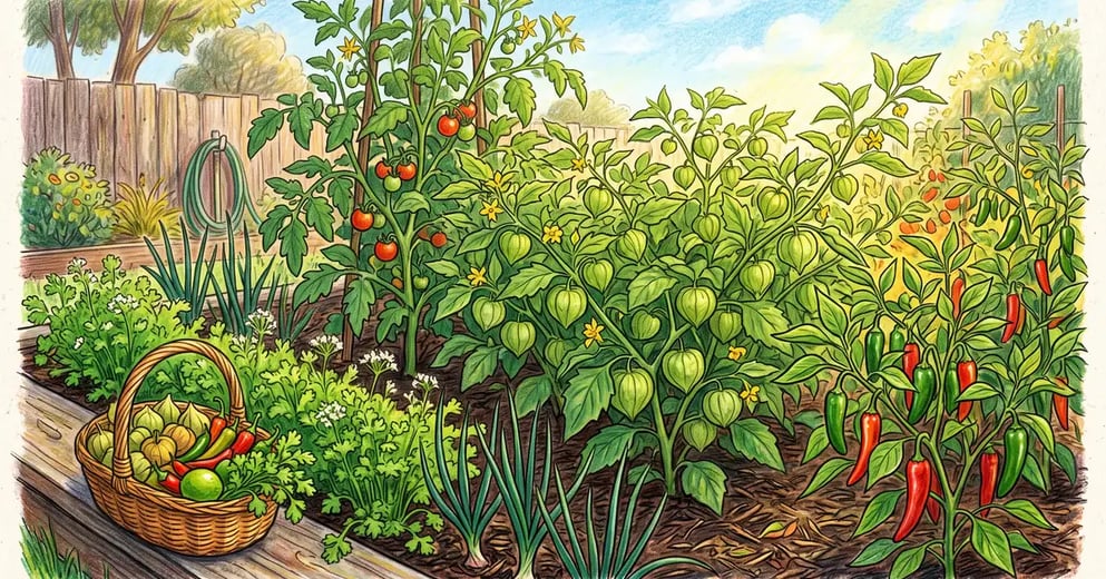 A backyard salsa garden bed with two tomatillo plants in husk, chili peppers, cilantro, onions and a staked tomato in late summer sun
