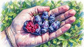 Cupped hand holding ripe honeyberries showing their elongated shape and deep purple-blue skin with one broken open revealing magenta flesh