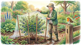 Gardener draping lightweight bird netting over a fruiting honeyberry bush with a robin watching from a nearby fence post