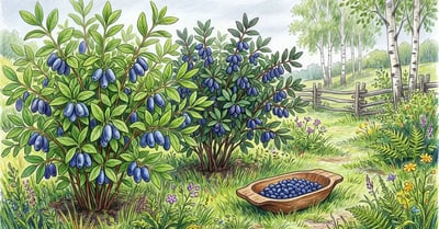 Two honeyberry bushes laden with elongated dark blue haskap berries in a northern garden with birch trees behind